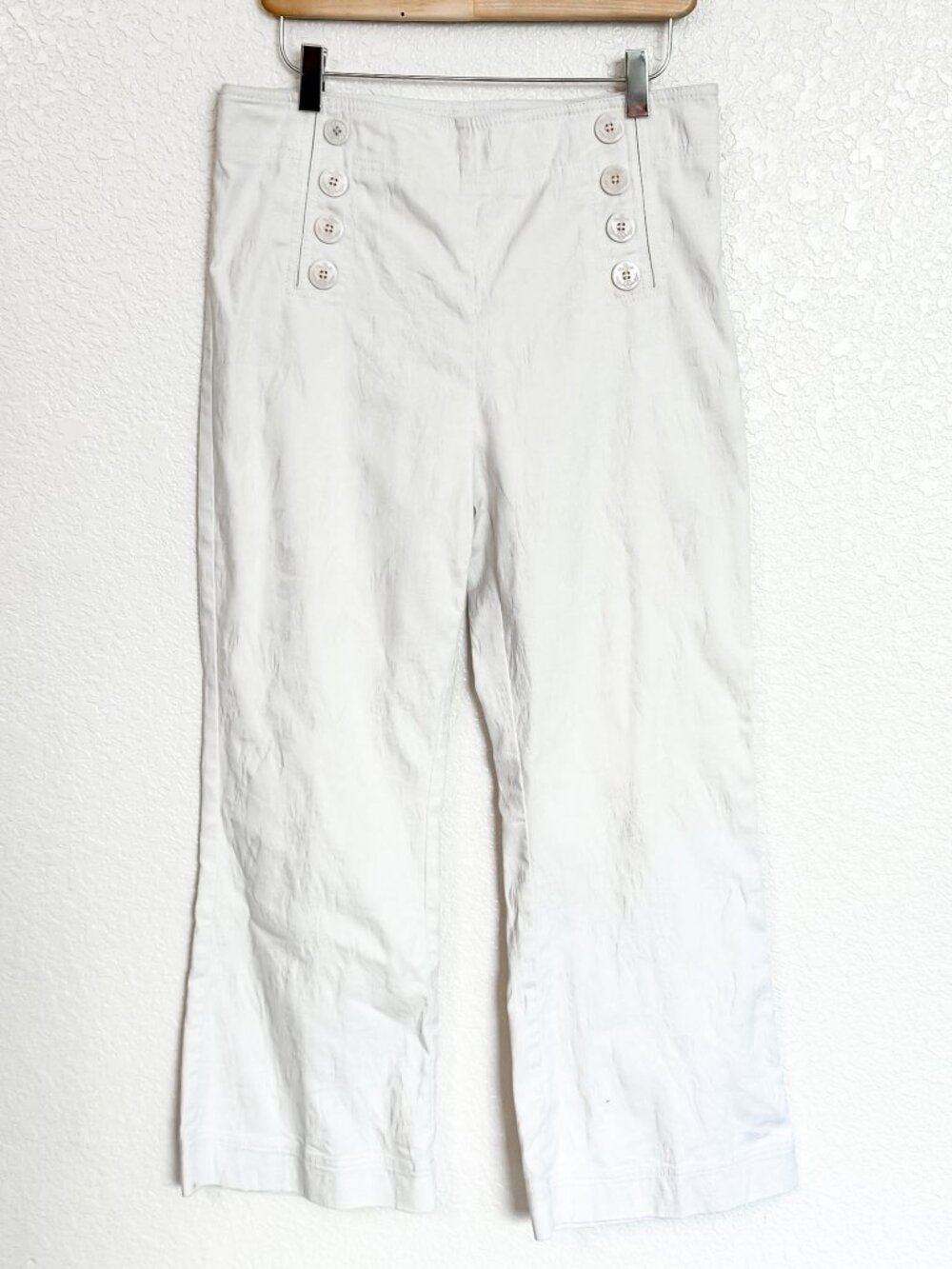 Margaret O'Leary Sailor-Front Pants Medium White Textured Nautical Button Detail